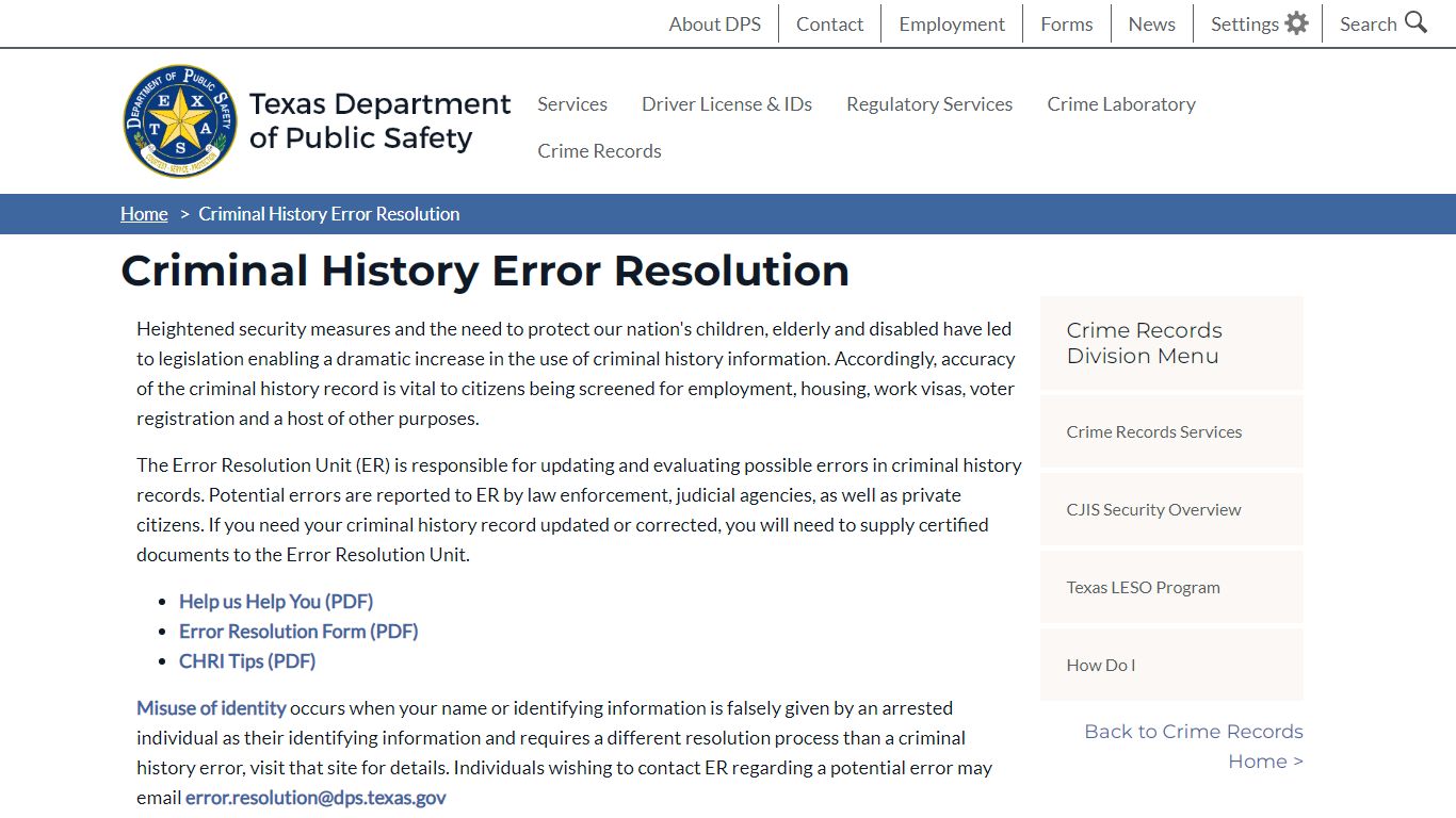 Criminal History Error Resolution | Department of Public Safety