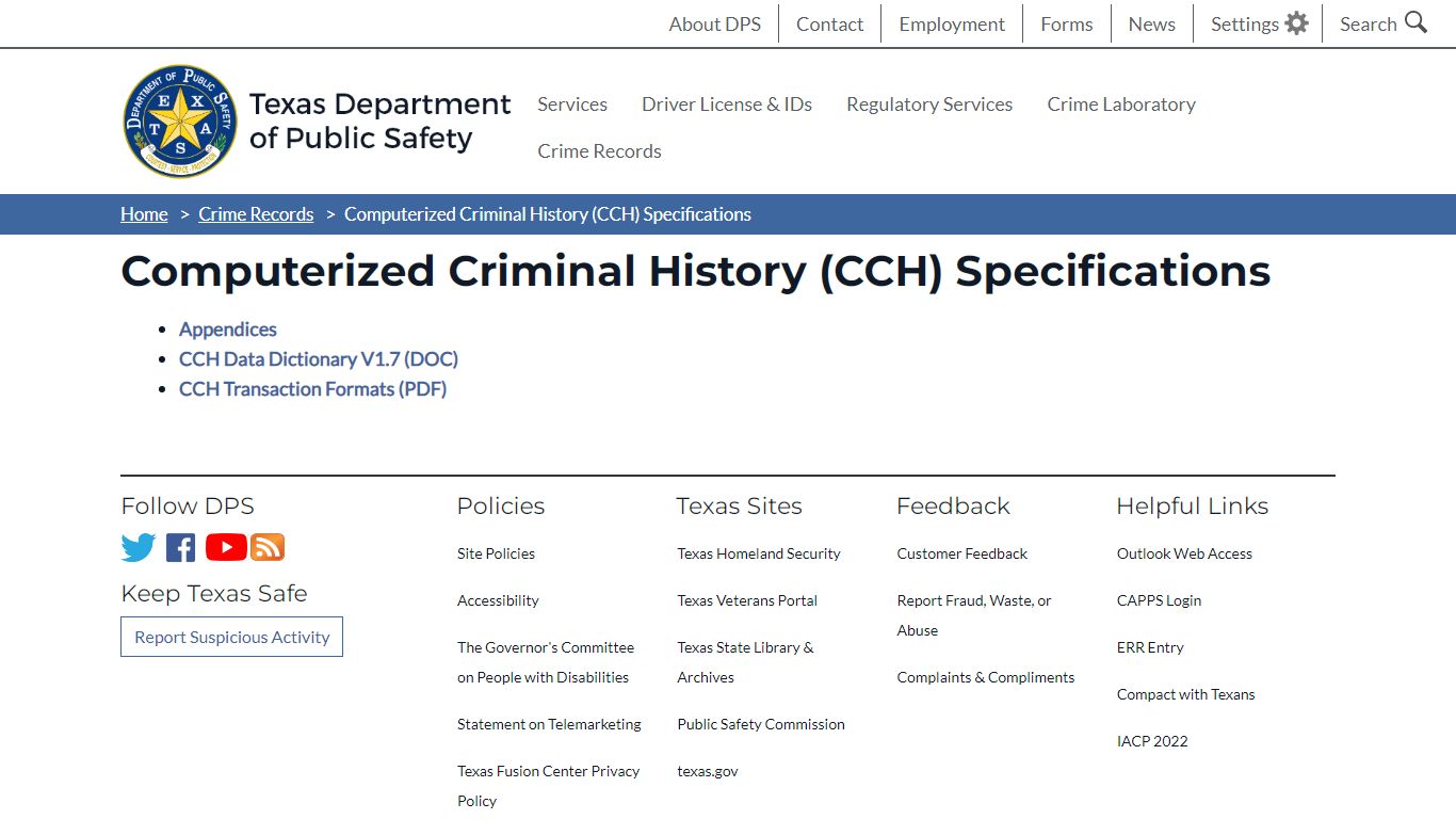 Computerized Criminal History (CCH) Specifications